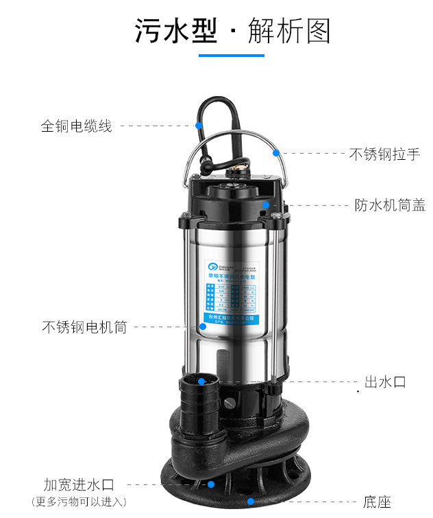 220V2寸0.75KW单相无堵塞潜水排污泵，2寸潜水排污泵，0.75kw潜水排污泵，220V潜水排污泵示例图3